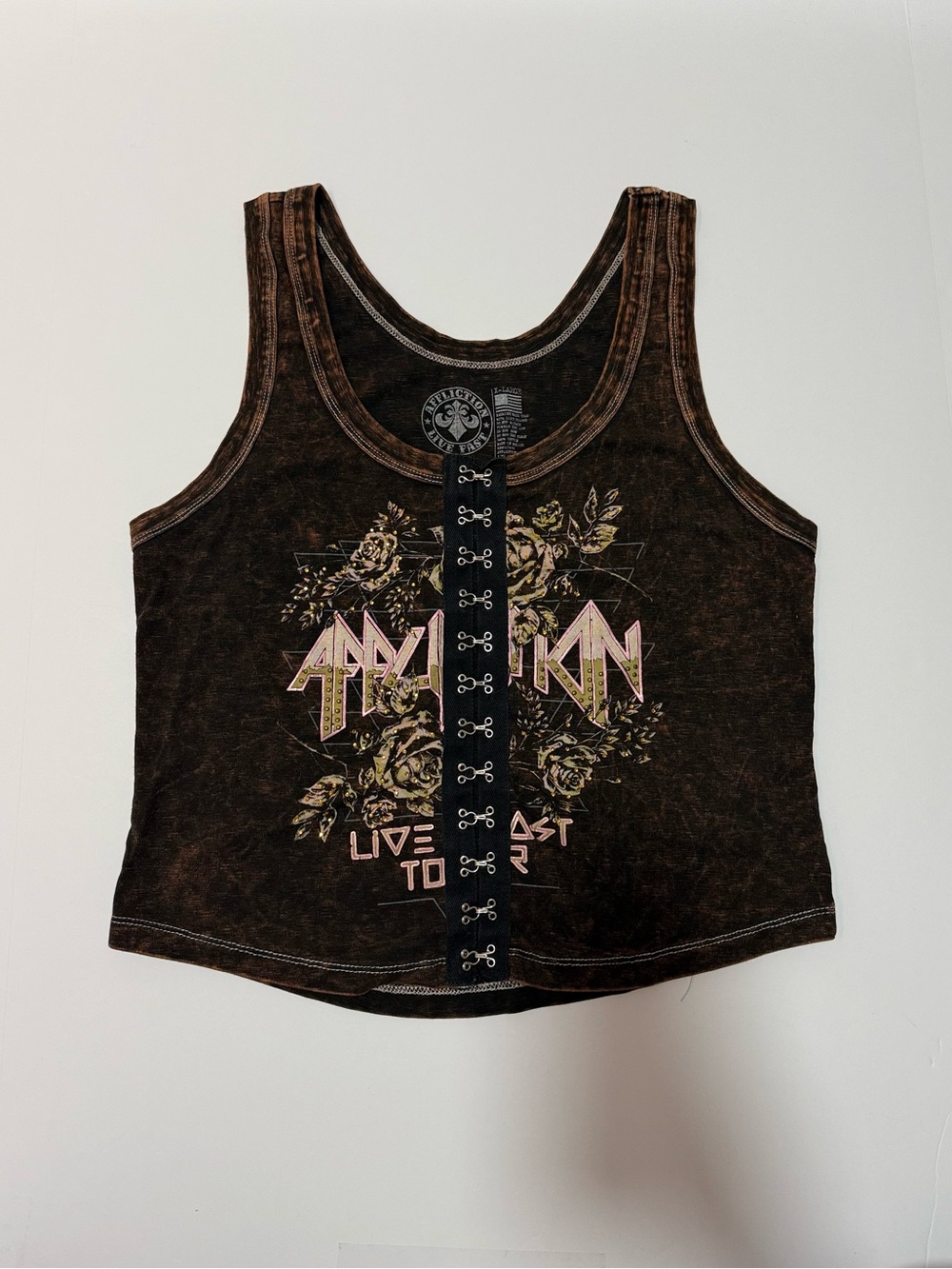 Affliction Live Fast Women’s XL Tank Top Brown Acid Wash Rhinestone Hook Eye Y2K